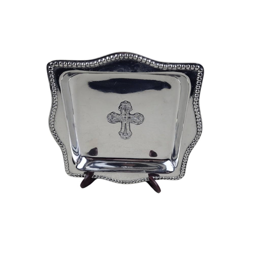 Beatriz Ball Cross Trinket Dish Beaded Rim Silver‎ Aluminum 4x4 Baby Cross Tray